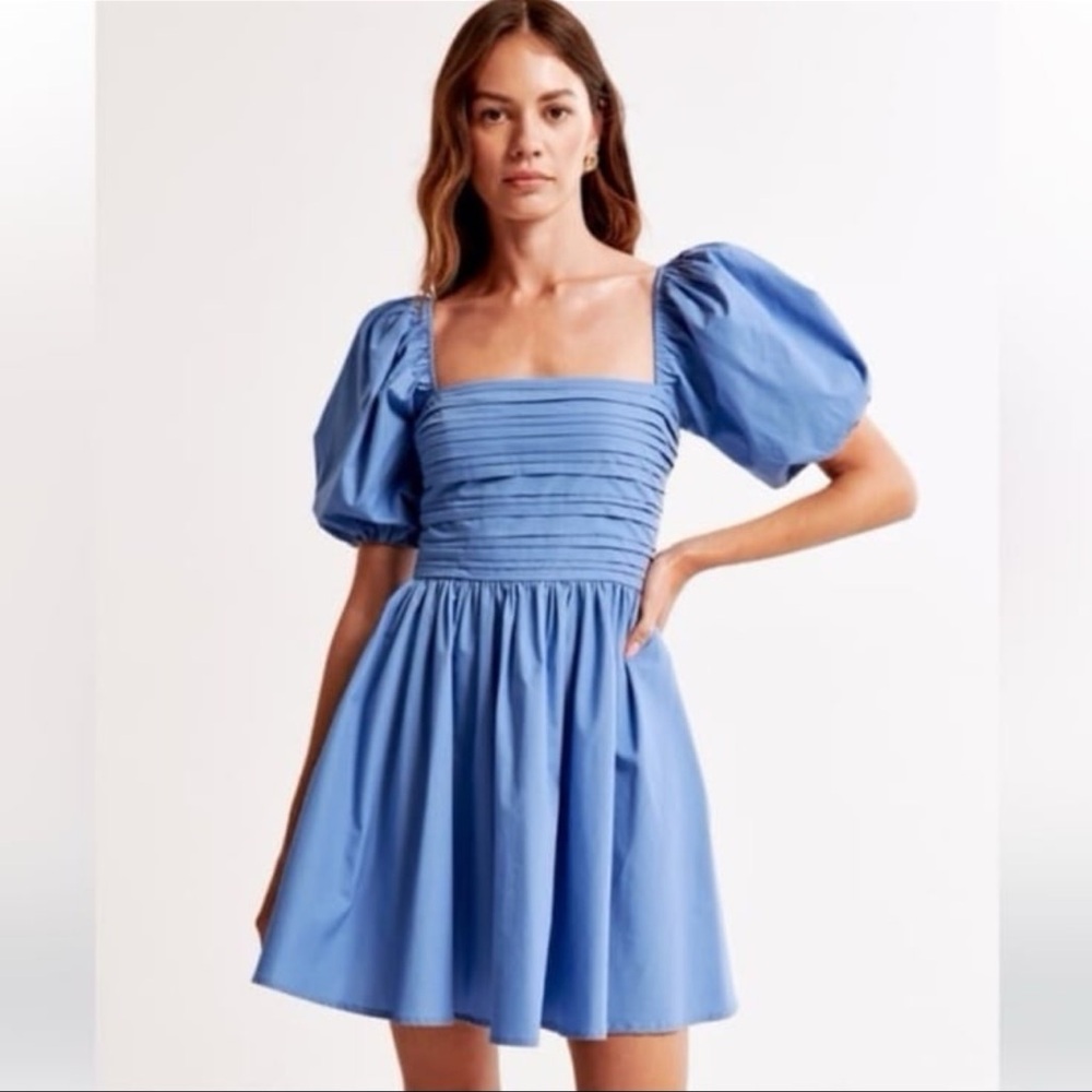 Abercrombie and Fitch Emerson Poplin Puff Sleeve Mini Dress in Powder Blue